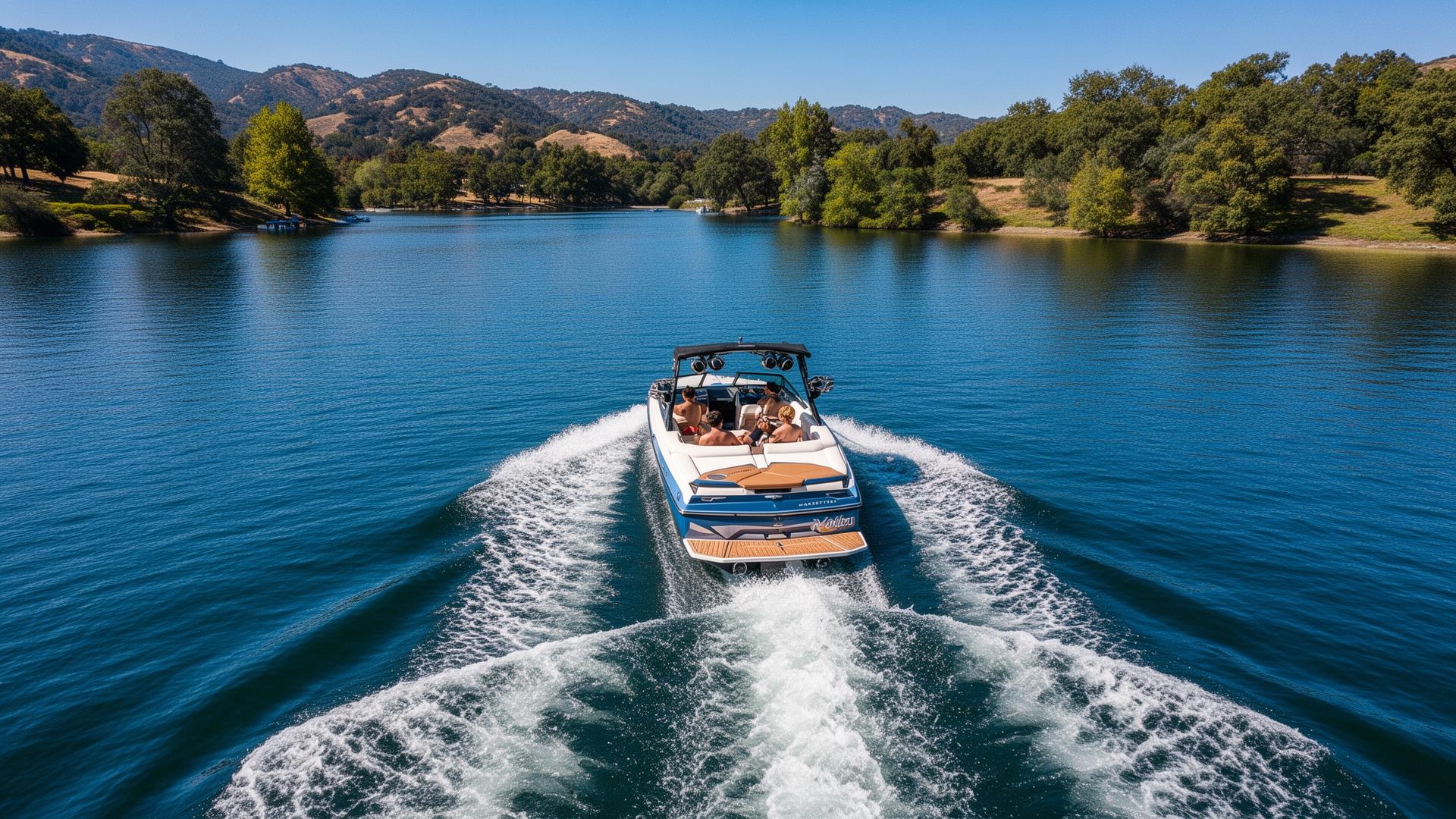 Aerial view of a Malibu Wakesetter cruising down a bright blue lake on a sunny day